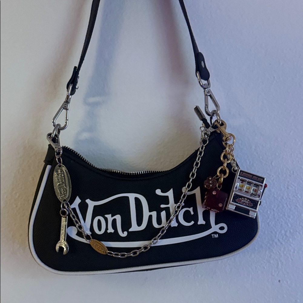 Y2K Von Dutch Black and White Shoulder Bag with Custom Charms